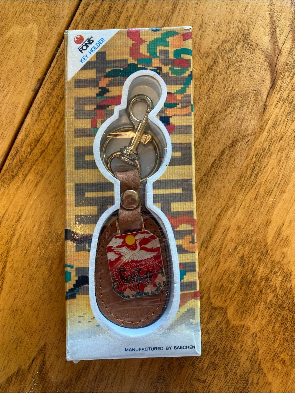 Vintage FONS Saechen Key Holder Crane & Sun Enamel Keychain Keyring NOS Korea
